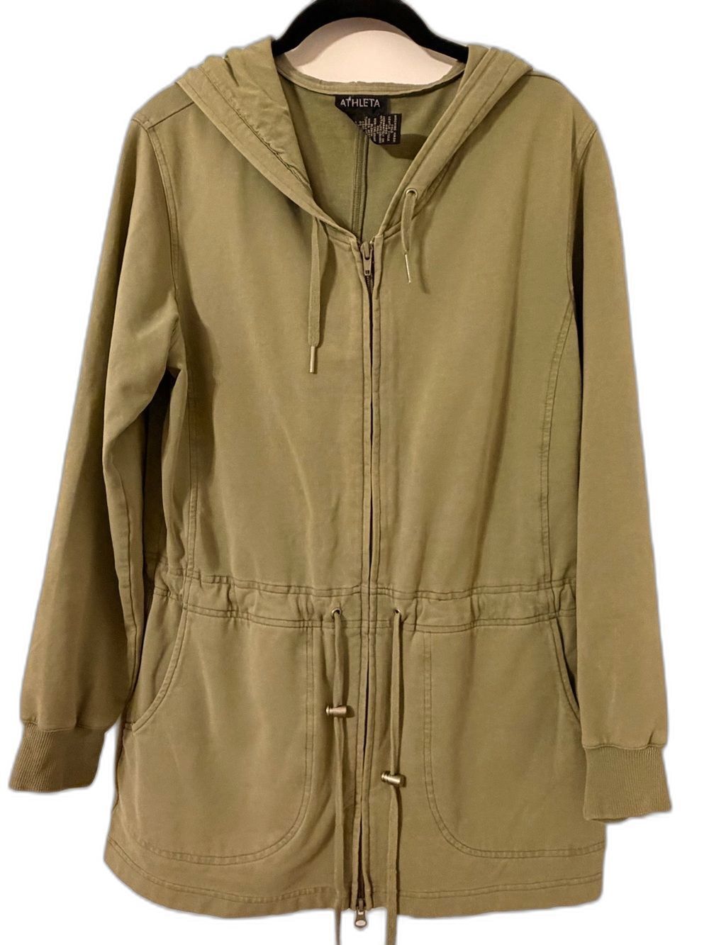 Athleta Olive Green Drawstring Cinch Waist Hooded Full Zip Longline Jacket Sz S